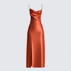 FINESSE El Orange Satin Maxi Dress