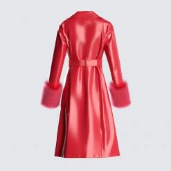 FINESSE Willa Red Fur Trim Leather Coat Outerwear