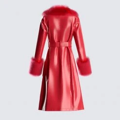 FINESSE Willa Red Fur Trim Leather Coat Outerwear