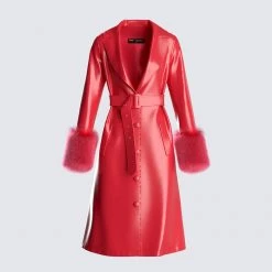 FINESSE Willa Red Fur Trim Leather Coat Outerwear