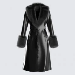 FINESSE Outerwear Willa Black Fur Trim Leather Coat