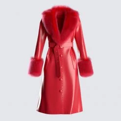 FINESSE Willa Red Fur Trim Leather Coat Outerwear