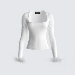 FINESSE Natasha White Fur Trim Top